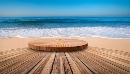 wooden circular deck on sandy beach with ocean waves and clear sky in backdrop product display background with copy space