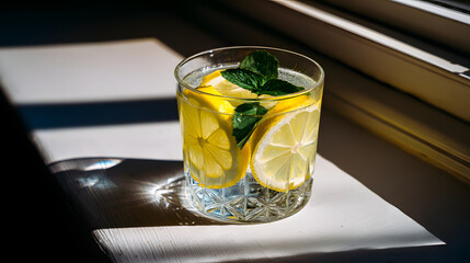 A cocktail glass with tropical fruit and umbrella