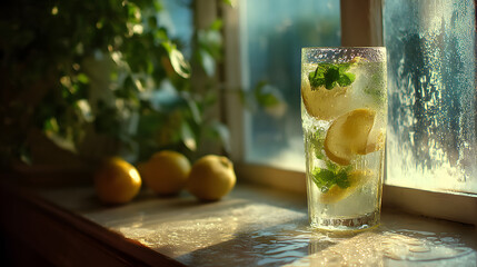 A cocktail glass with tropical fruit and umbrella