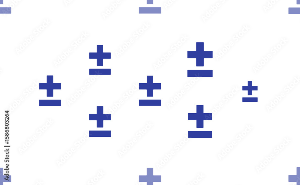 Poster seamless pattern of large isolated blue plus–minus signs. the pattern is divided by a line of elemen