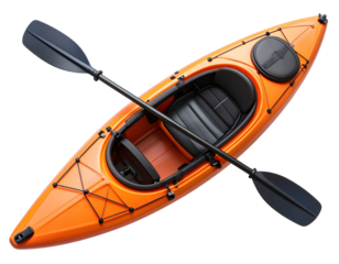 Modern, streamlined orange kayak with black seat details and a matching dual-blade