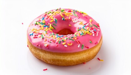 a donut with pink frosting and colorful sprinkles on isolated on white background