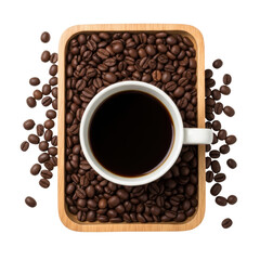 Obraz premium A white cup of black coffee rests on a wooden tray filled with roasted coffee beans, viewed from above. Perfect for cafes, menus, or beverage related designs.