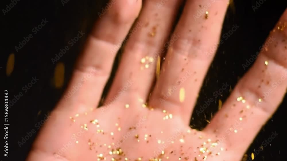 Aufkleber golden glitters falling into an open hand against dark background creating a festive and magical atm