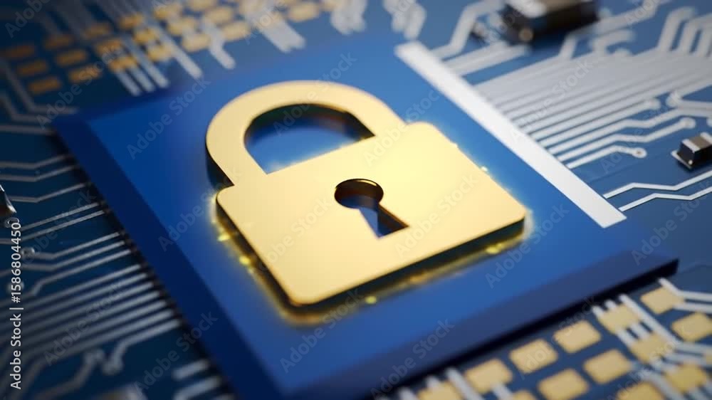 Poster golden padlock securing data on blue chip with circuit patterns technology