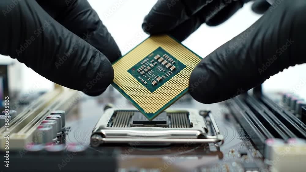 Poster hands installing cpu chip on computer motherboard gold and green components with white background an