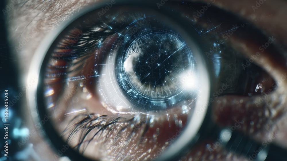 Poster watchmaker analyzes watch mechanism through magnifying glass, augmented by digital interface display