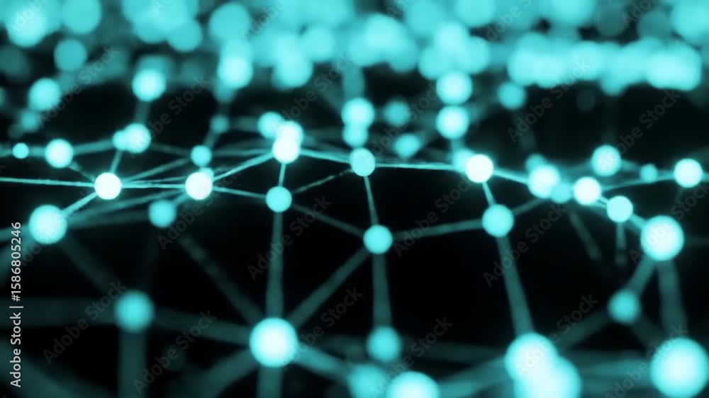 Poster illuminated turquoise network with spheres and lines on dark background digital futuristic and techn