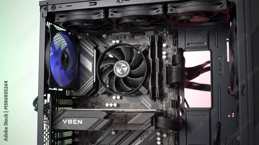 Poster internal view of modern black computer case with motherboard and rgb lighting system with clean orga
