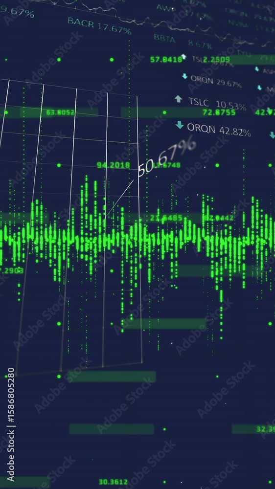 Poster animation of financial data processing over dark background