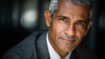 Headshot close up portrait of indian or latin confident mature good looking middle age leader, ceo male businessman in suit on office background. Handsome hispanic senior business man smile at camera.