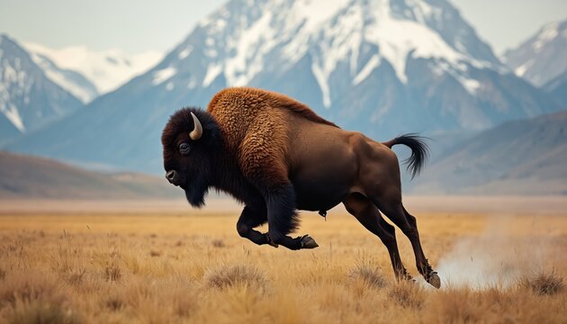 Majestic American bison leaps across dry grass plain with snow-capped mountains in background. Powerful mammal raw energy, wild untamed spirit in natural habitat. Strong build, dynamic movement