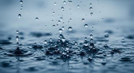 Raindrops falling onto water, creating splashes and ripples. Cool tones and shallow depth of field emphasize the beauty of the falling water.