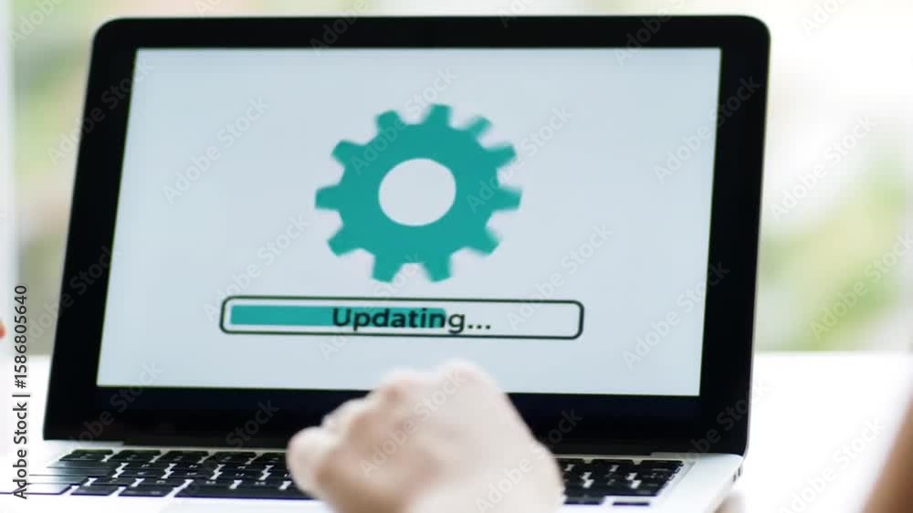 Poster laptop screen displaying a turquoise gear icon with an updating progress bar and hands typing on key
