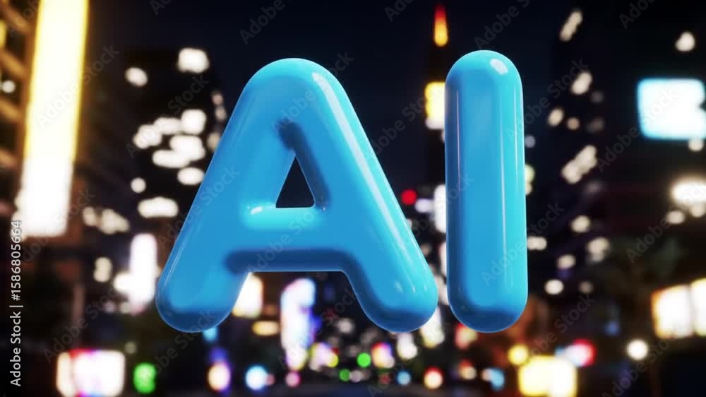 Poster light blue ai typography on blurred building backdrop with futuristic glossy style design and ambien