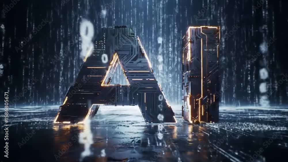 Poster letters ai illuminated with orange glow on the blue digital surface with abstract data stream future