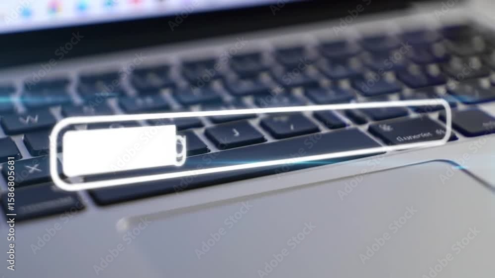 Poster loading bar displayed on laptop keyboard showing digital data transfer process soft lighting