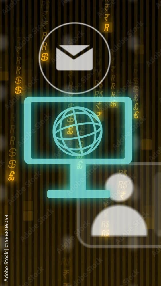 Poster animation of media icons and globe over binary coding