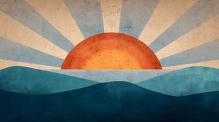 
A stylized sun rising over a flat horizon line, clean vector design with muted tones