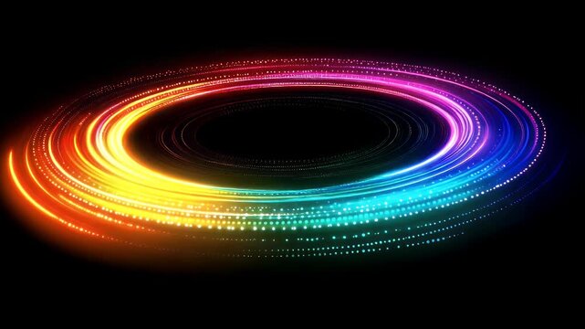 A circular, multi-colored light trail or tunnel against a stark black background, creates an illusory effect