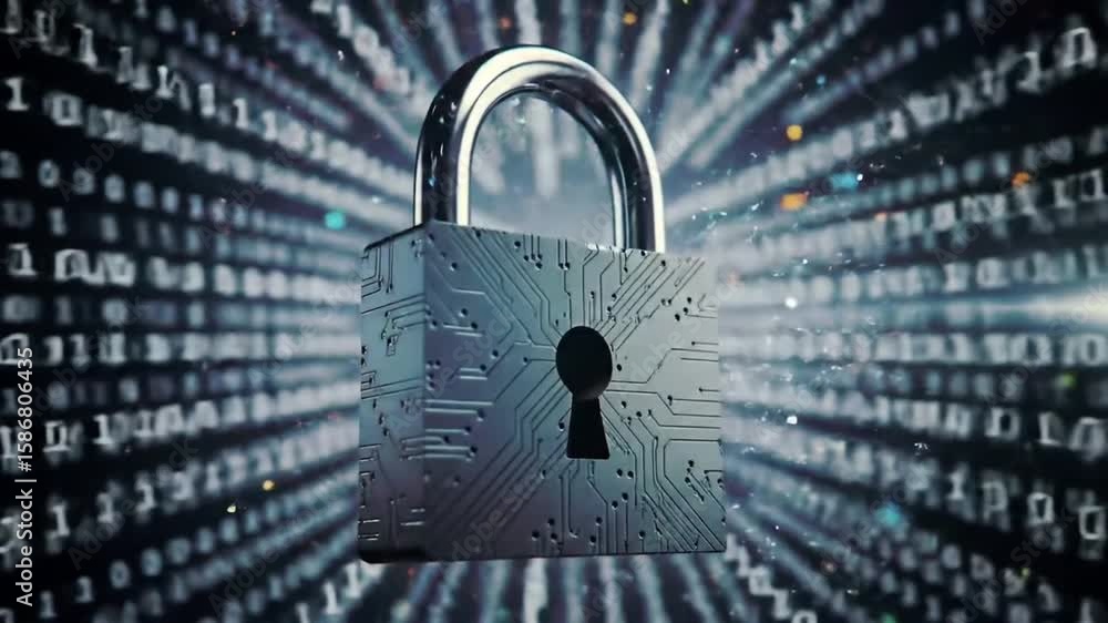 Poster metallic padlock protecting digital data streams with binary code backdrop