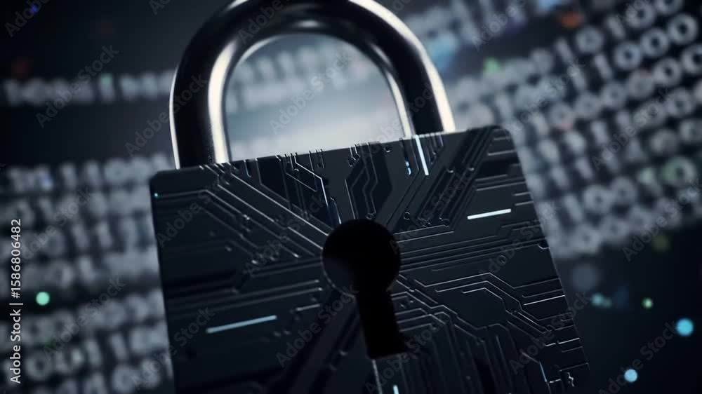 Poster metallic padlock with circuit board on binary code background for cybersecurity