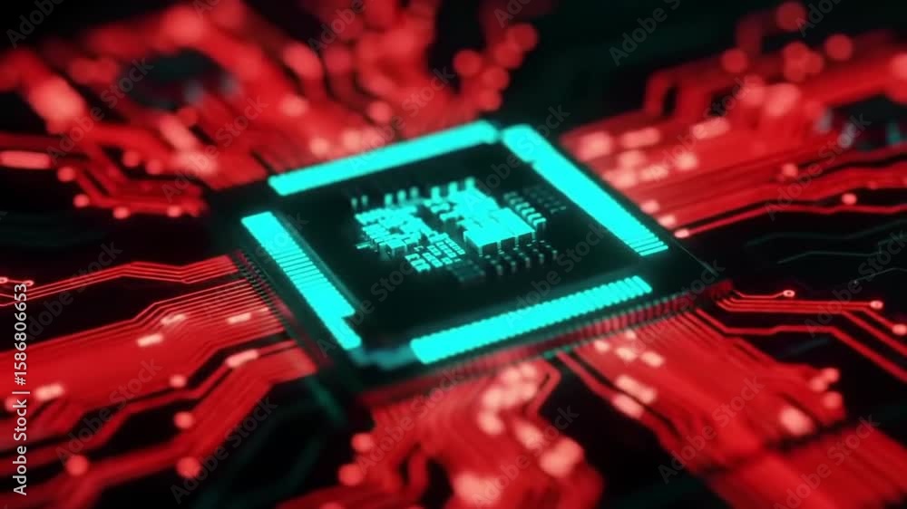 Poster neon turquoise microchip close up with red electronic circuits wires on dark background for future t