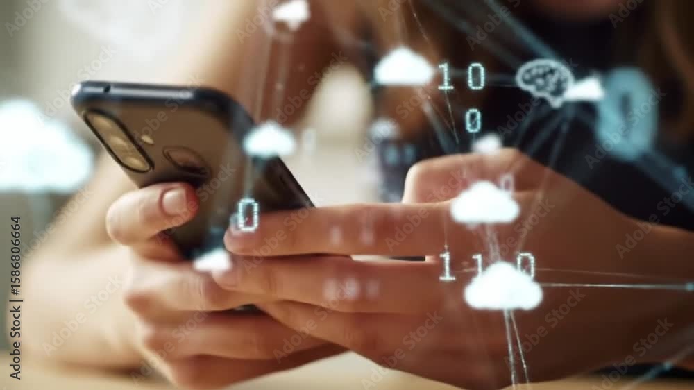 Poster person holding black smartphone displaying digital cloud and brain graphics representing advanced te