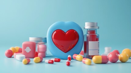 Assorted pills, capsules, and medicine bottles arranged with a heart symbol on a light blue background.