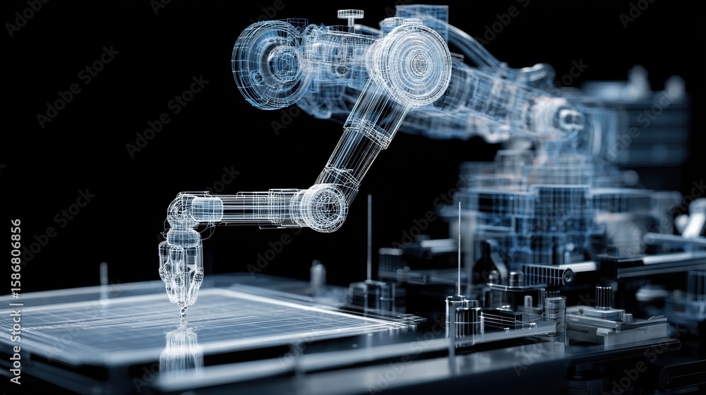 Poster wireframe robotic arm carefully positions material on printing base, demonstrating precision enginee