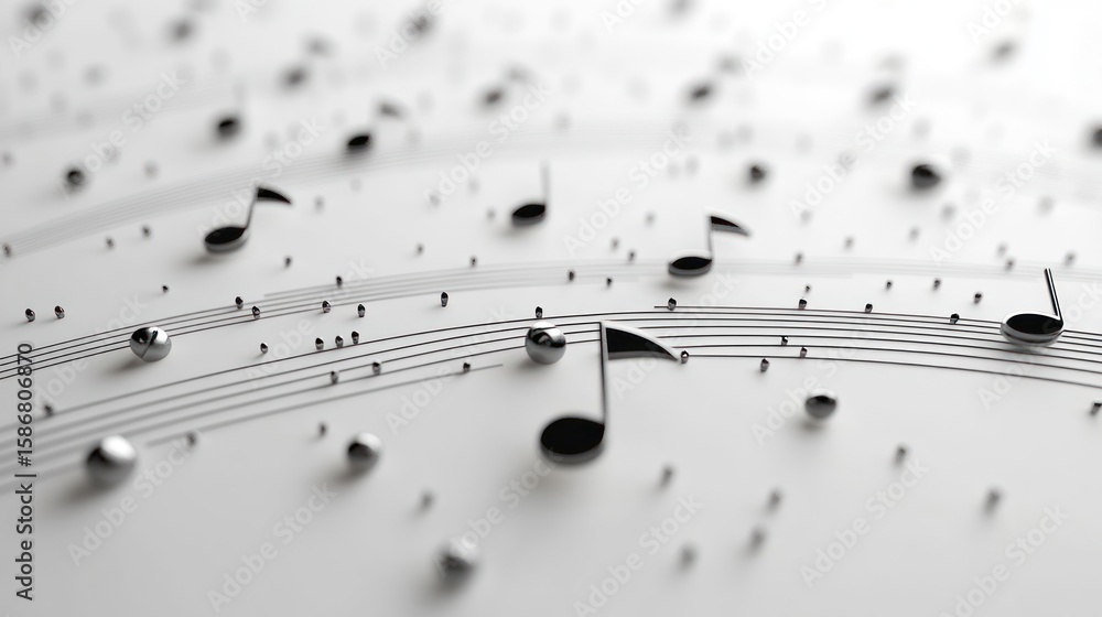 Poster musical notes and spheres float on a white background, creating a dynamic, abstract composition.