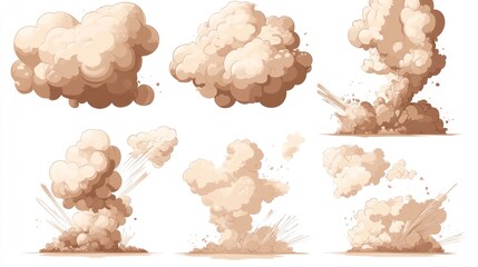 A collection of stylized dust cloud and explosion illustrations, perfect for animation or game design.