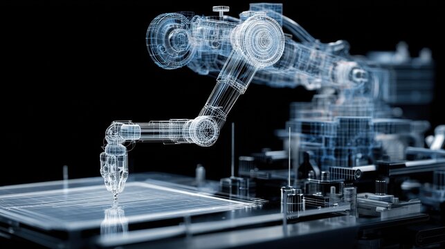 Wireframe robotic arm carefully positions material on printing base, demonstrating precision engineering in piezo actuator fabrication on a dark background
