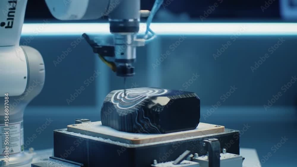 Aufkleber robotic arm precisely working on a dark blue layered piece in a high tech facility with automation i