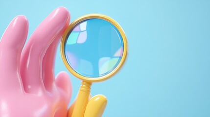 A pastel pink hand gently holds a vibrant yellow magnifying glass against a light blue background.