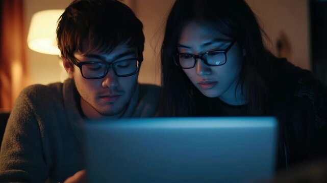 Two young people engrossed in their laptop. They are deeply focused on the screen, showing interest in whatever they are viewing or working on.