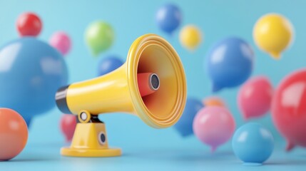 A bright yellow megaphone surrounded by colorful balloons, suggesting communication and promotion.