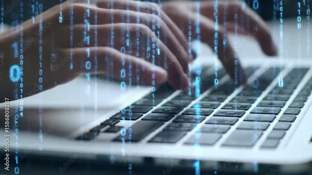 Poster typing on laptop with binary code overlay digital data and technology concept