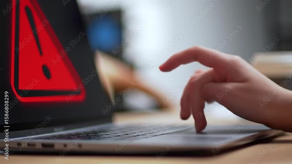 Poster typing on laptop with red warning sign alerting an error message on a computer
