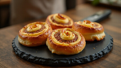 Fototapeta premium Delicious cinnamon rolls are freshly baked and sitting on a black stone platter, ready to be enjoyed as a comforting treat with a sweet, aromatic flavor profile and soft texture.