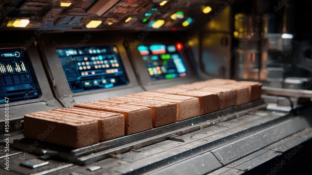 Poster futuristic automated assembly line manufactures breathable oxygen bricks, isolating, analyzing, and 
