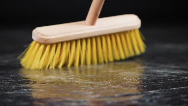 Yellow Broom Sweeping a Reflective Black Surface with a Wooden Handle in Sharp Focus and Dark Background Optimized for