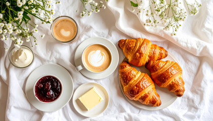 breakfast with croissant and coffee