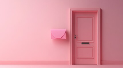 A pink door and mailbox on a pink wall, creating a minimalist and monochromatic scene.