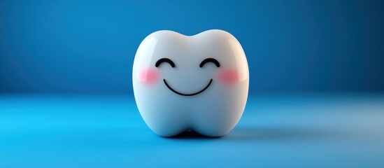 A happy, cartoon tooth smiles against a blue background.