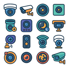 Surveillance lens icon collection. security camera, cctv, video, motion detector flat