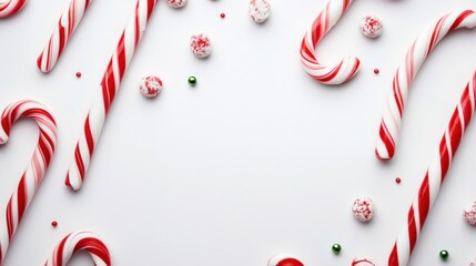 Candy canes and small candies are scattered on a white surface, creating a festive holiday background.