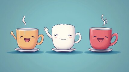 Three cheerful cartoon mugs, orange, white, and red, enjoy a warm beverage together.