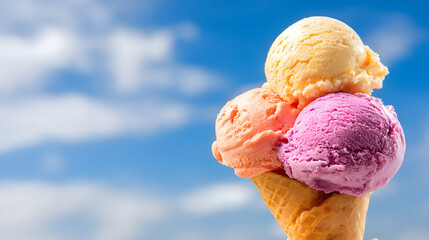 Three scoops of melting ice cream in a cone