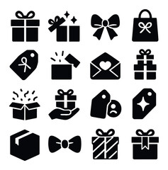Gift icons collection. present, tag, bow, bag, box silhouette icons. simple gift